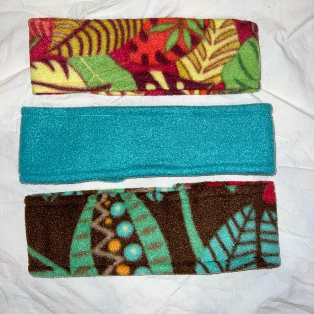 Fleece Headbands - Set of 3 - floral printed and solid blue